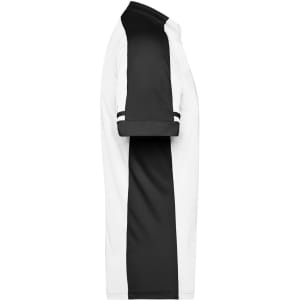 A men's half-zip T-shirt featuring black and white panels and a logo. The shirt has a sporty design and short sleeves.