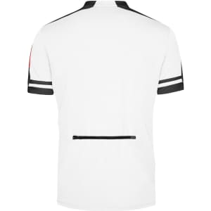 A white half-zip shirt with black and red accents, featuring a back zip pocket and a logo.