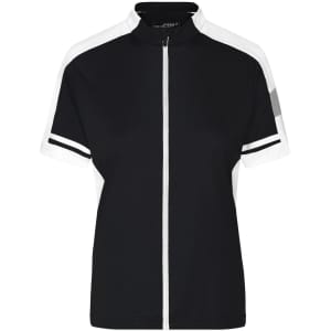 A black and white full zip cycling shirt featuring short sleeves and a logo on the front.