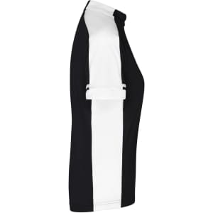 A black and white ladies' bike-t shirt featuring a full zip and a rolled sleeve design, with a logo present.