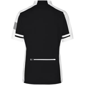 A black and white full zip shirt designed for ladies, featuring short sleeves and a back zip pocket.