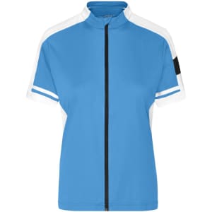A ladies' full zip T-shirt in blue and white with a black branding detail.