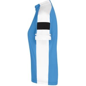 A ladies' bike T-shirt in blue, white, and black, featuring a full zip and rolled sleeves, with a logo present.
