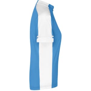 A blue and white ladies' full zip T-shirt featuring a sporty design and a logo on the front.