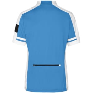 A blue full-zip cycling shirt with white accents and a back pocket, featuring a logo.