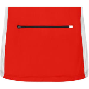A red and white full zip shirt featuring a small zippered pocket on the front. It has a logo on it.