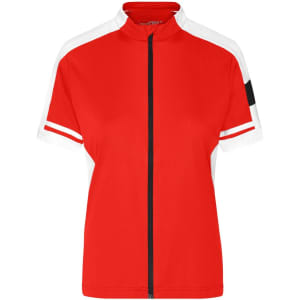 A vibrant red full zip shirt with white shoulder panels and contrast detailing. Features a zippered front and a brand logo.