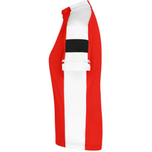A red and white full zip t-shirt with black detailing on the sleeve, featuring a logo.