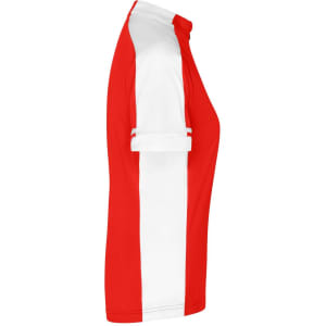A short-sleeved women's cycling jersey in red and white, featuring a roll-up sleeve design and a logo.