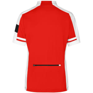 A red and white full zip cycling shirt with a back pocket and a logo.