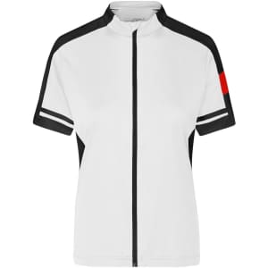 A white and black short-sleeve zip-up shirt with a red accent and logo.