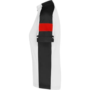 A side view of a ladies’ bike T-shirt featuring black, white, and red colours, with a branding logo.