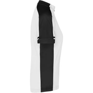 A short-sleeved women's T-shirt featuring a black and white design with a logo on the side.