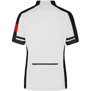 A white full zip shirt with black accents and a red sleeve detail, featuring a rear zip pocket and a logo.