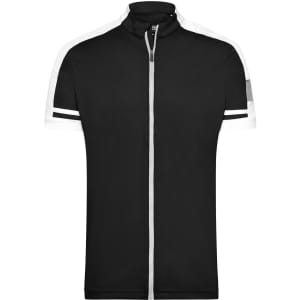 A black full zip shirt with white and grey accents, featuring a collar and a zip closure. Includes a branding logo.