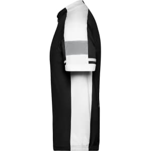A men's bike full zip shirt in black and white with contrast stripes and a logo.