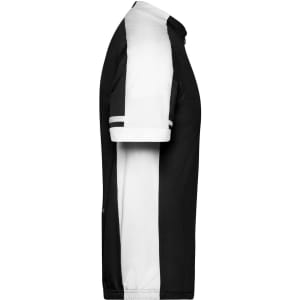 A black and white short-sleeved shirt with a full zip, featuring contrasting sleeve designs and a logo.