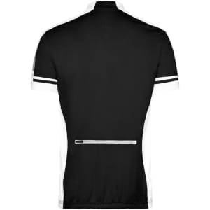 A black and white men's bike jersey featuring a full zip and a back pocket, with a logo present.