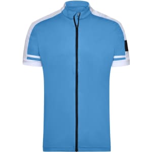 A men's short-sleeve full zip shirt in blue with white stripes on the sleeves and a logo on the side.