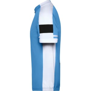A short-sleeved bike jersey in blue and white, featuring a black accent and a logo.