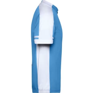 A men's short-sleeve bike shirt in blue and white with a logo on the side.