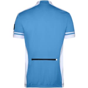 A men's full zip shirt in light blue and white, featuring a back zip pocket and a logo.