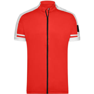 A red full zip shirt with white and black accents and a logo on the sleeve.