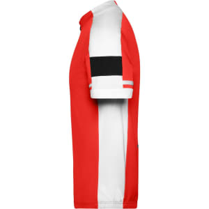 A red and white full zip shirt, featuring black accents on the sleeves and a logo.
