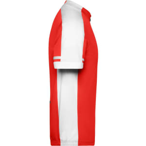 A red and white bike shirt featuring a full zip and short sleeves, with a logo on the front.