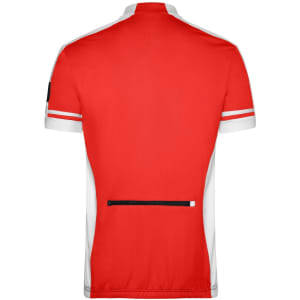A red and white men's cycling shirt with a full zip and a back pocket. The shirt features contrasting sleeve details and a logo.