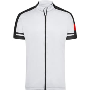A short-sleeved white shirt with black stripes and a red detail, featuring a full zip and a logo.