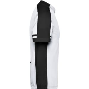 A side view of a men's full zip shirt featuring black and white colours, with a logo on the chest.