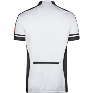 A white full zip shirt with black accents and a pocket on the back. Features a logo on the sleeve.