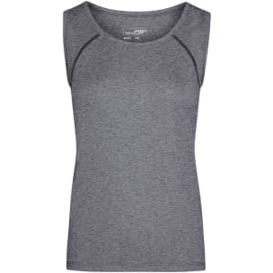 A grey ladies sports tank top with a fitted design and a logo on the front.