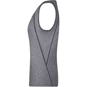 A grey ladies sports tank top with a sleeveless design and subtle detailing. It features a logo.