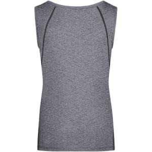 A grey ladies sports tank top with a sleek design and contrast stitching, featuring a logo on the back.