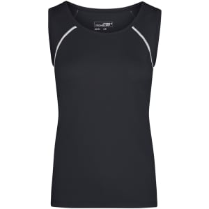 A black ladies sports tank top featuring a sleeveless design and contrasting stitching. It includes a logo.