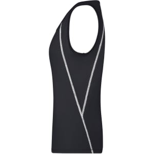A black ladies sports tank top with grey accents and a sleek, fitted design. It features a logo on the garment.