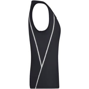 A black ladies sports tank top featuring a sleek design with decorative white lines and a logo.