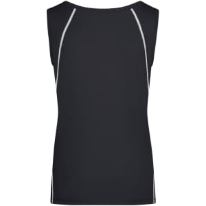 A black ladies sports tank top featuring contrasting seams and a sleek, fitted design. It has a logo on the back.
