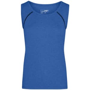 A blue sleeveless ladies sports tank top featuring contrasting detailing and a logo.