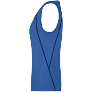 A blue ladies sports tank top with a sleek design and contrasting lines, featuring a logo on the front.