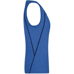 A blue ladies sports tank top featuring a stylish design and a logo on the side. Ideal for sports uniforms.