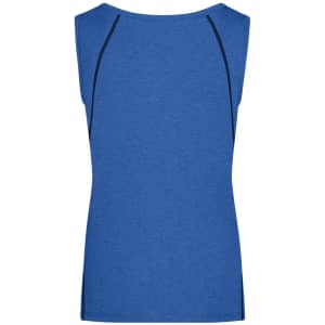 A blue ladies sports tank top with a simple design and a logo on the back.