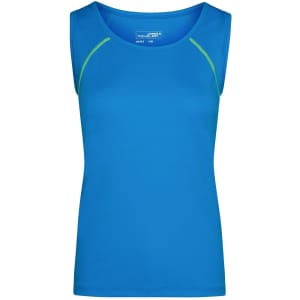 A blue ladies sports tank top featuring green detailing and a logo on the upper part.