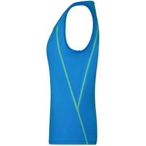 A blue ladies sports tank top featuring a green design element and a logo on the chest.
