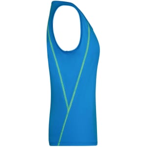A blue ladies sports tank top with a green accent design and a sleeveless style. It features a logo on the fabric.