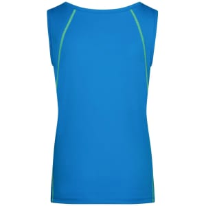A blue ladies sports tank top with green detailing, featuring a back view and no sleeves.
