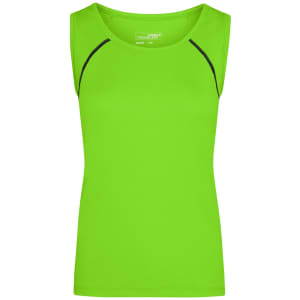 A bright green ladies sports tank top featuring black accents. Designed as a sleeveless crop top.