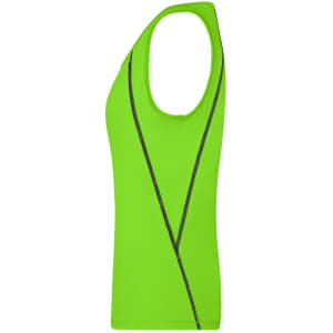 A bright green ladies sports tank top with a stylish design and a logo on the side.